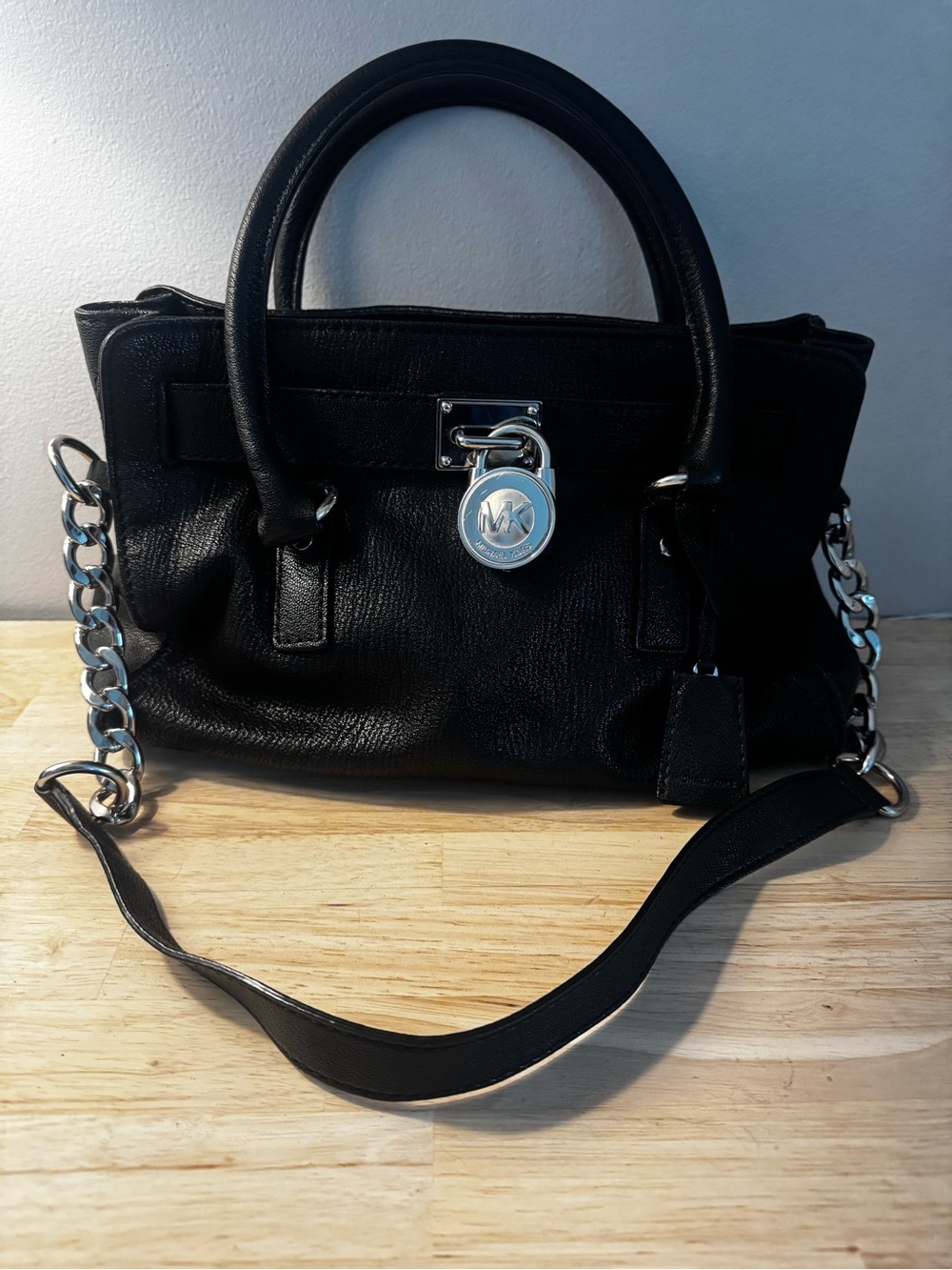 Michael Kors Black Leather Satchel with Silver Chain Detail